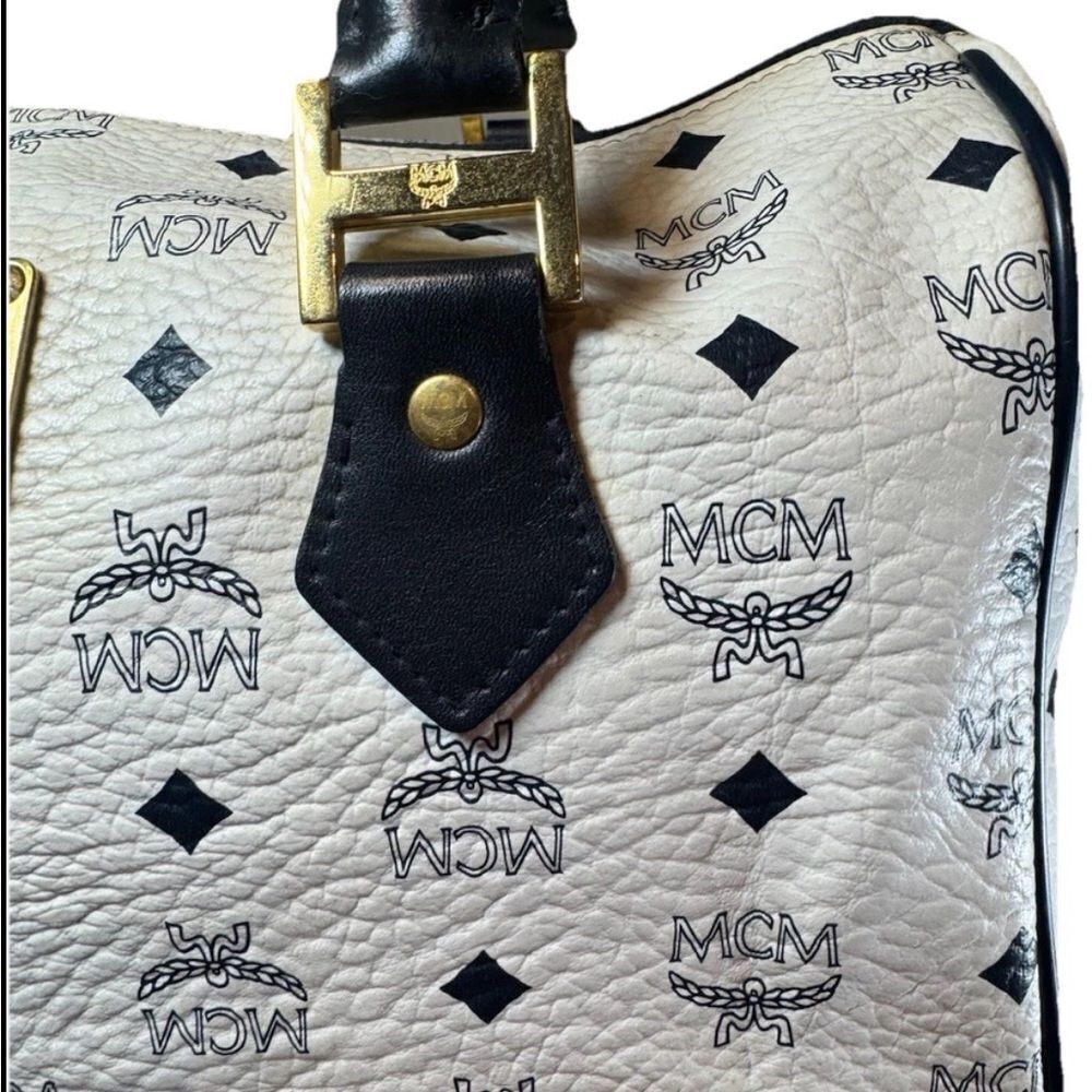 MCM Navy Blue & White Coated Canvas Viestos 2way Boston Bag Auth Vtg - Picture 2 of 16